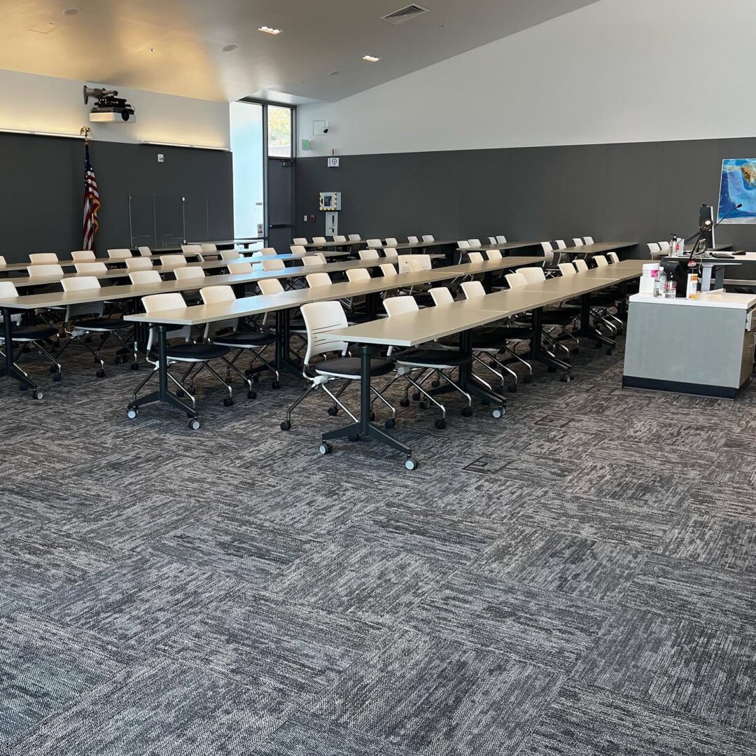 Empty modern classroom with conference tables